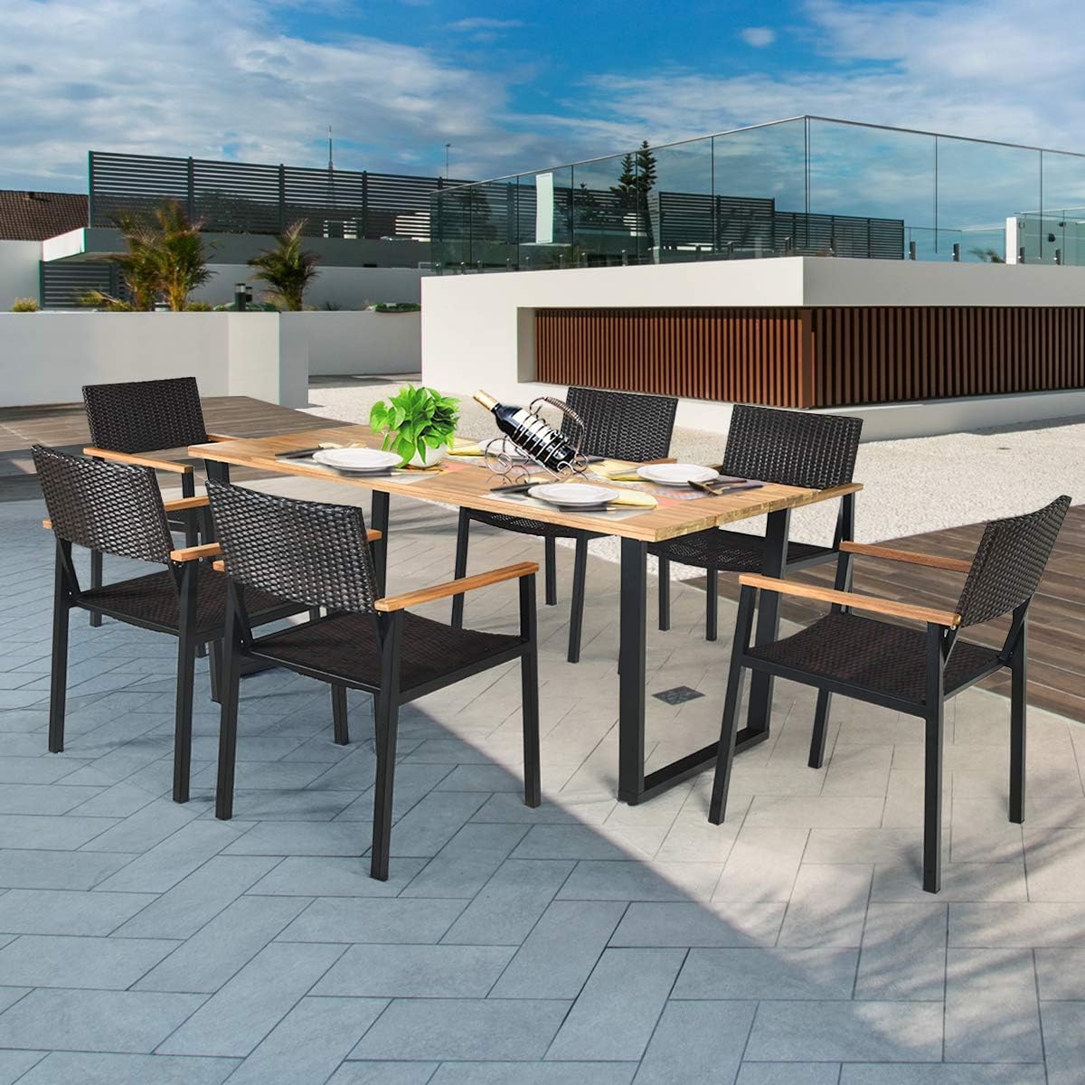 Tangkula 7 Pieces Outdoor Dining Set, Patented Patio Furniture Set w/Large Rectangle Acacia Wood Table Top, Rattan Chairs with Steel Frame, Umbrella Hole, for Backyard Garden