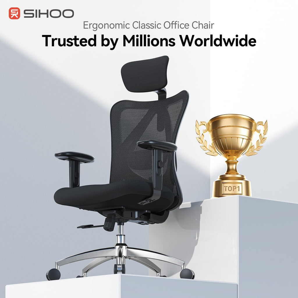 SIHOO M18 Ergonomic Office Chair, High Back Mesh Desk Chair with Adjustable Headrest & Lumbar Support, 330lbs Capacity Computer Chair with 2D Armrests & Wide Cushion, Tilt Lock, for Home Office-Black