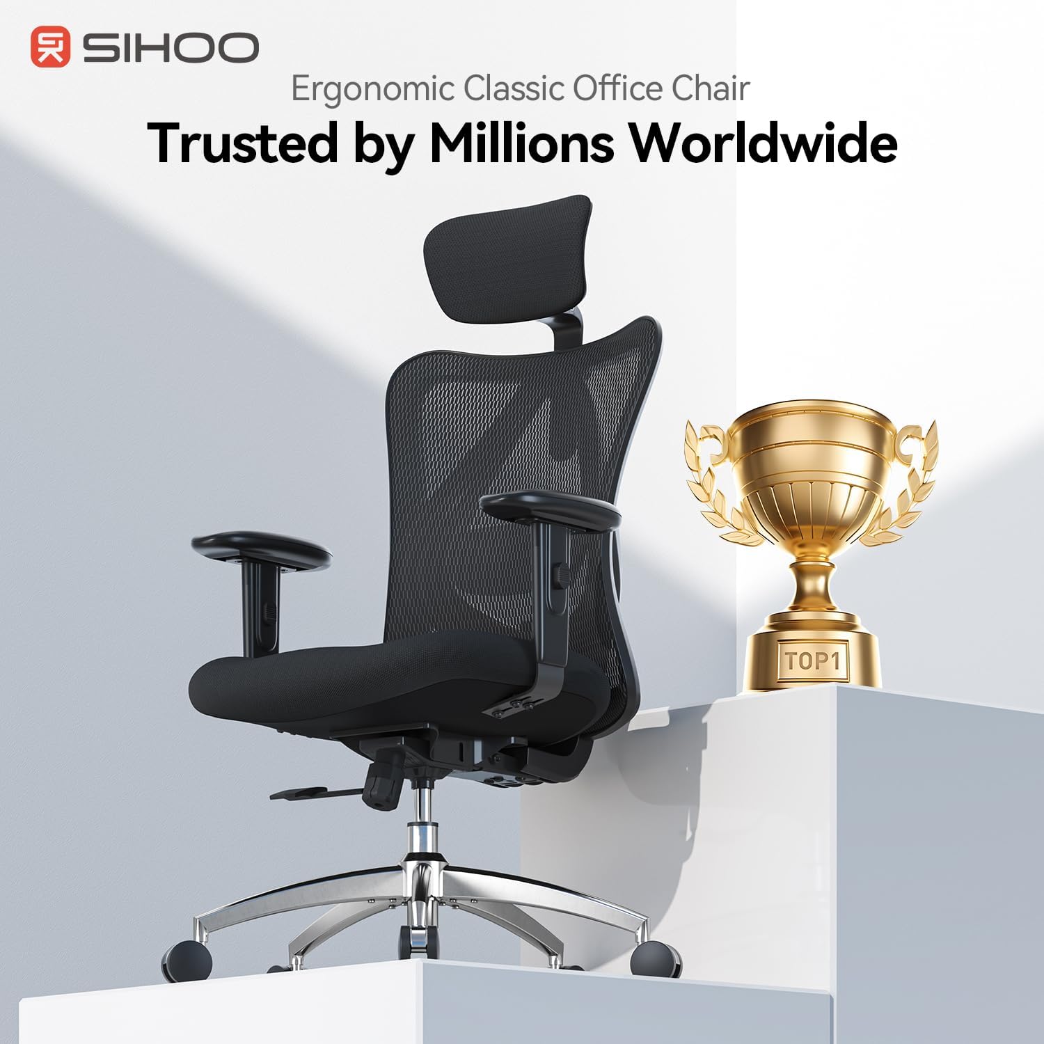 SIHOO M18 Ergonomic Office Chair, High Back Mesh Desk Chair with Adjustable Headrest & Lumbar Support, 330lbs Capacity Computer Chair with 2D Armrests & Wide Cushion, Tilt Lock, for Home Office-Black