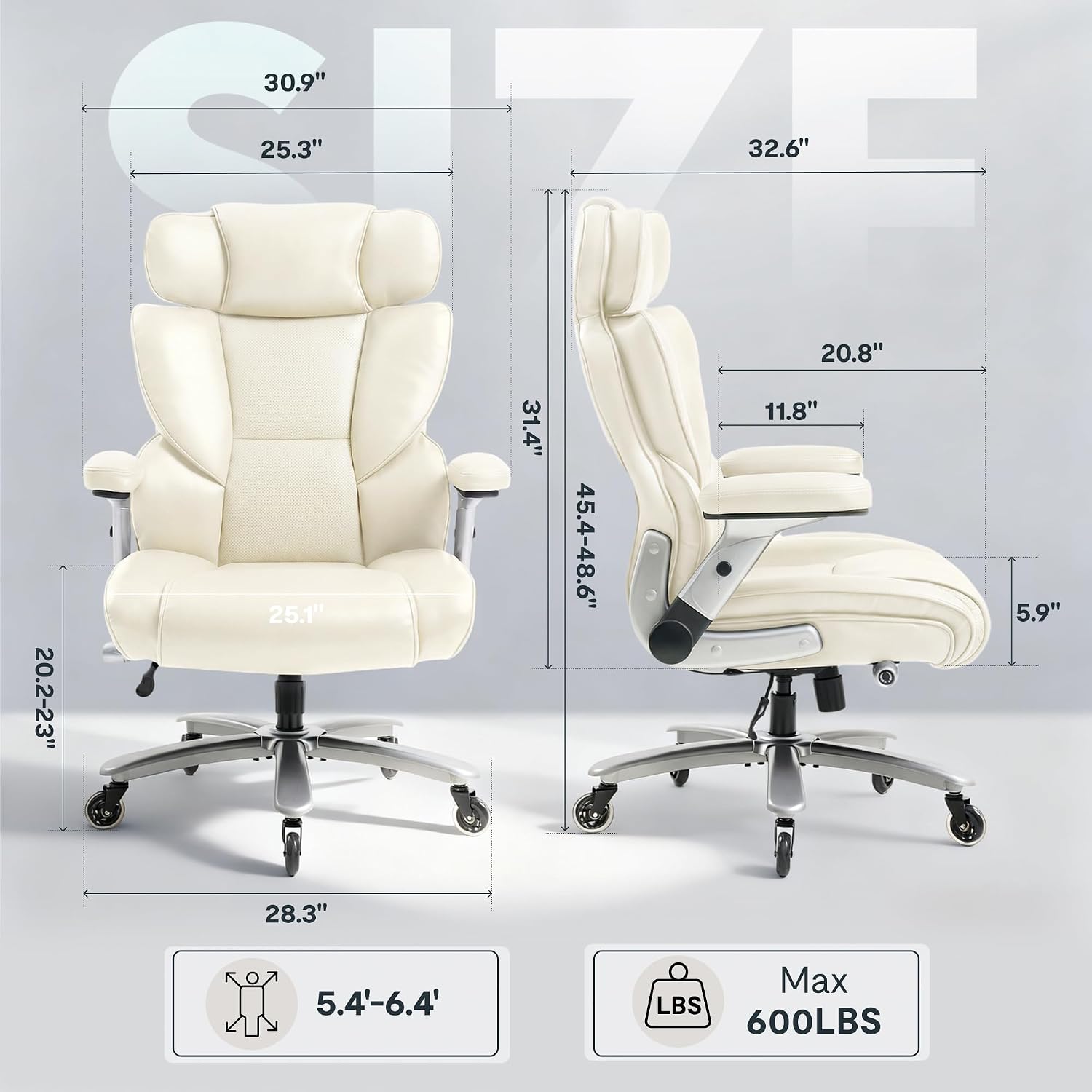 FLEXISPOT 600lbs Big and Tall Office Chair for Heavy People, Heavy Duty Computer Desk Chair with Dynamic Lumbar Support 2D Armrest Blade Wheels, Chairs for Home Office Gaming Working, Leather, Beige