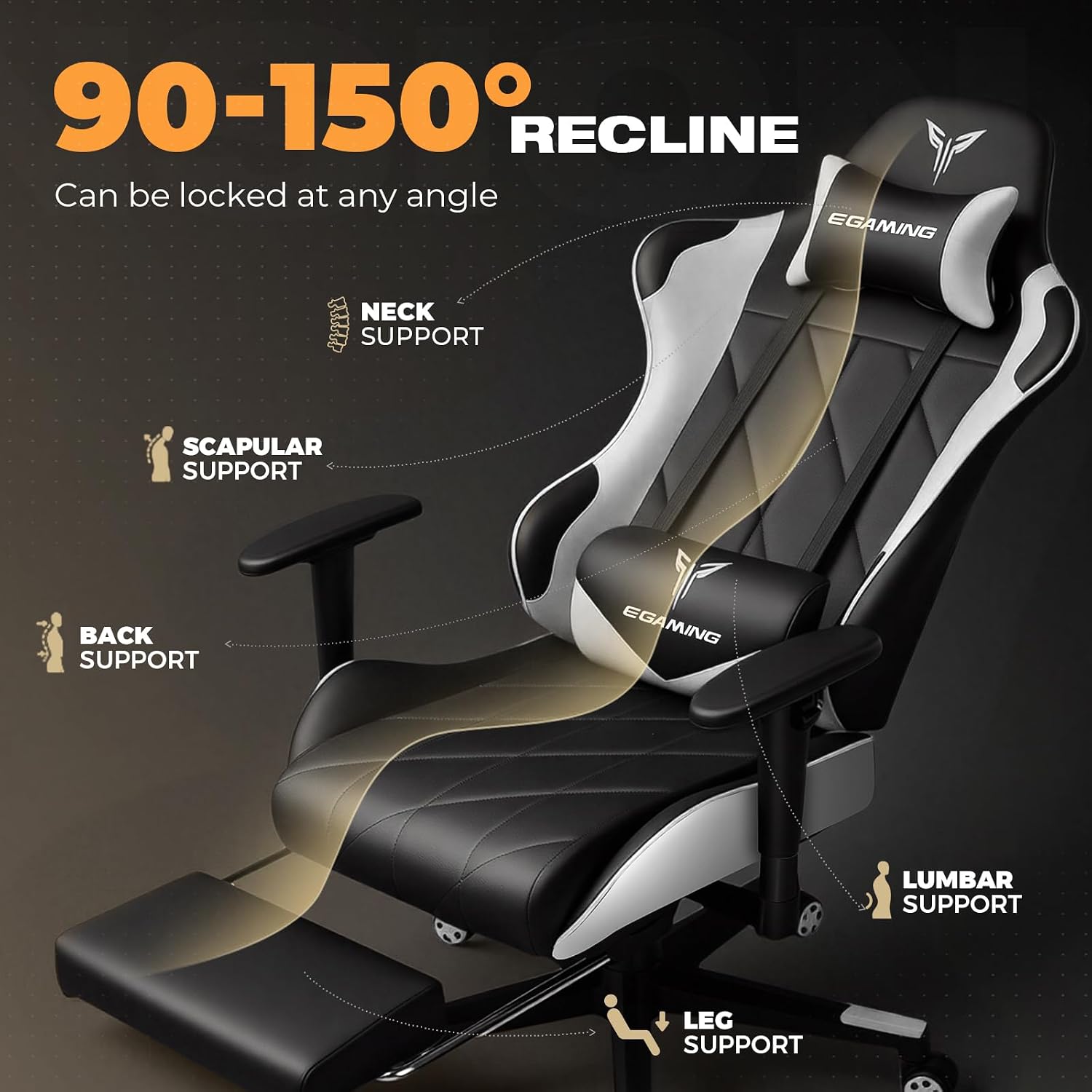 Gaming Chair with Footrest, Ergonomic High-Back PU Leather Computer Chair with 3D Adjustable Armrests, Headrest and Lumbar Support, Office Desk Chair with Diamond Stitching for Adults & Teen
