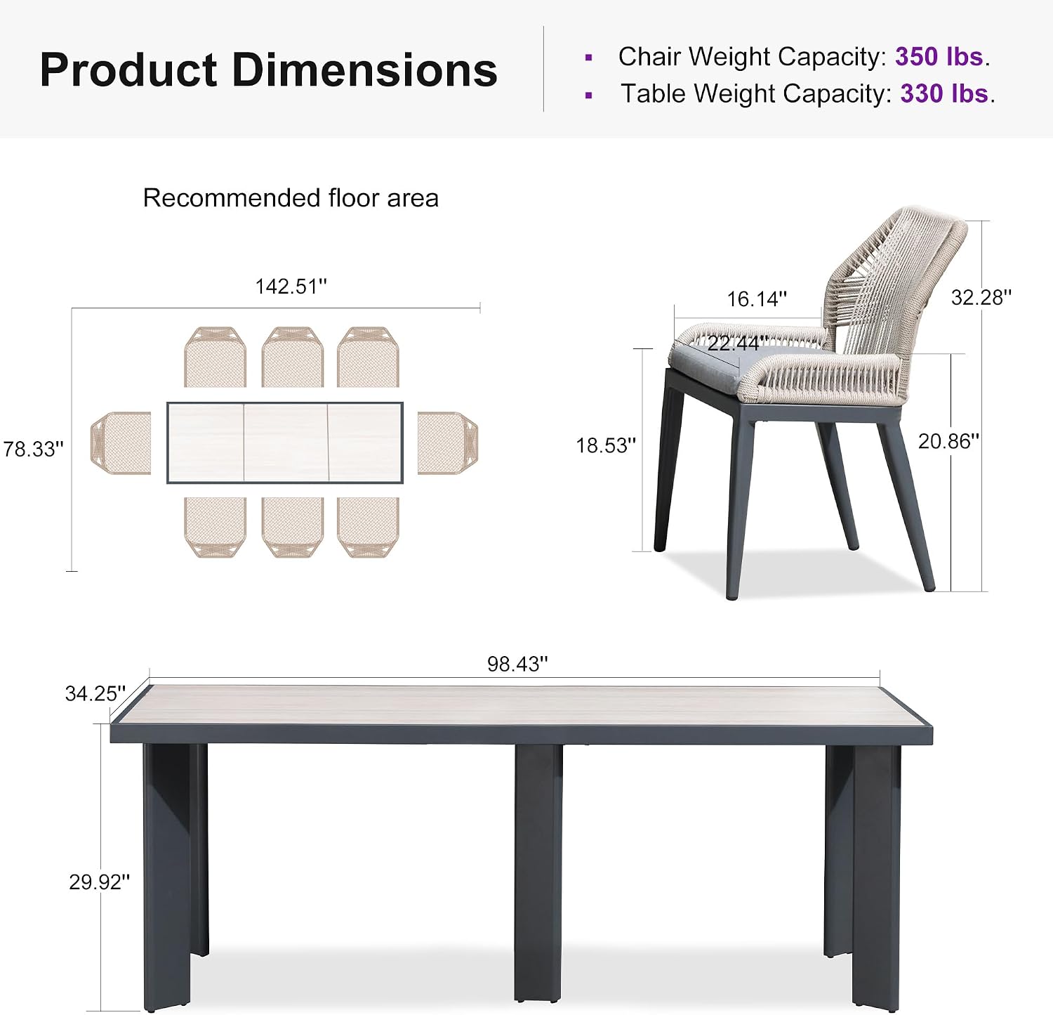 PURPLE LEAF 9 Pieces Patio Dining Set Aluminum Rectangular Table and Wicker Chairs with Cushions for Kitchen Porch Garden Modern Outdoor Furniture Sets, Beige and Dark Grey