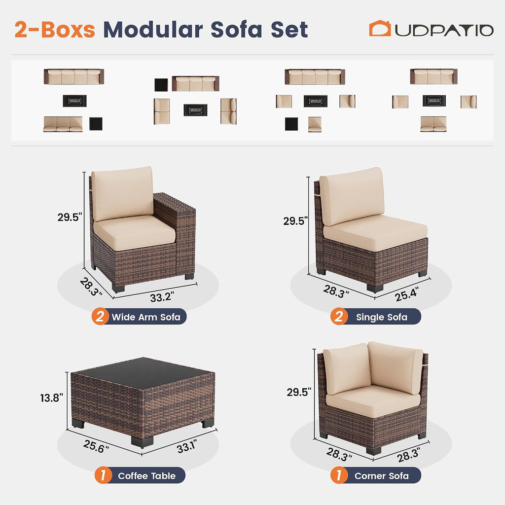 UDPATIO Patio Furniture Set, 8 Inch Armrest Outdoor Sectional Sofa with Wicker Coffee Table, 6 Piece Conversation for Garden, Backyard, Khaki