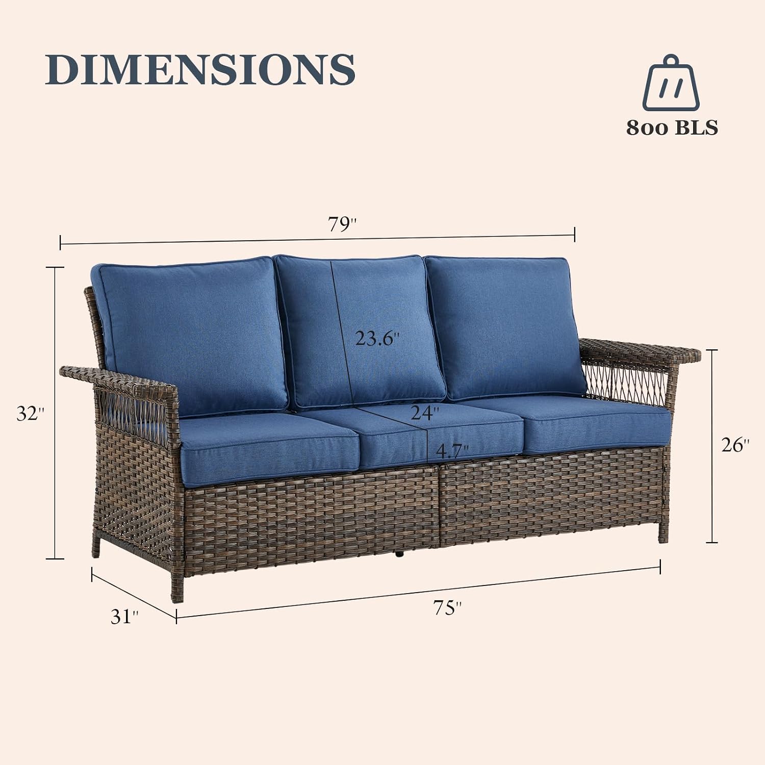Patio Conversation Set: Wicker Sofa with 2 Rattan Ottomans, Blue Cushions, 3pcs for Patio, Garden, Balcony, Sunroom, Backyard, Deck, Poolside