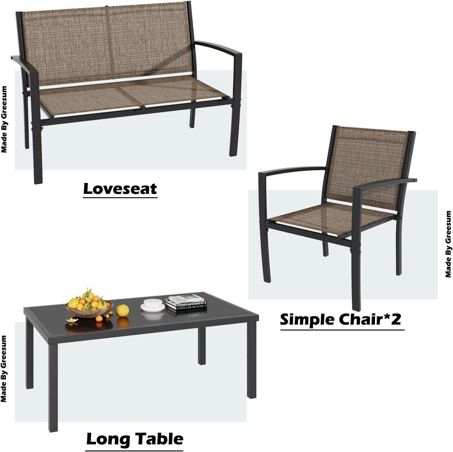 Greesum GS-LCT4PCSBN 4 Pieces Patio Furniture Set Outdoor Conversation Textilene Fabric Chairs for Lawn, Garden, Balcony, Poolside with A Glass Coffee Table, Brown