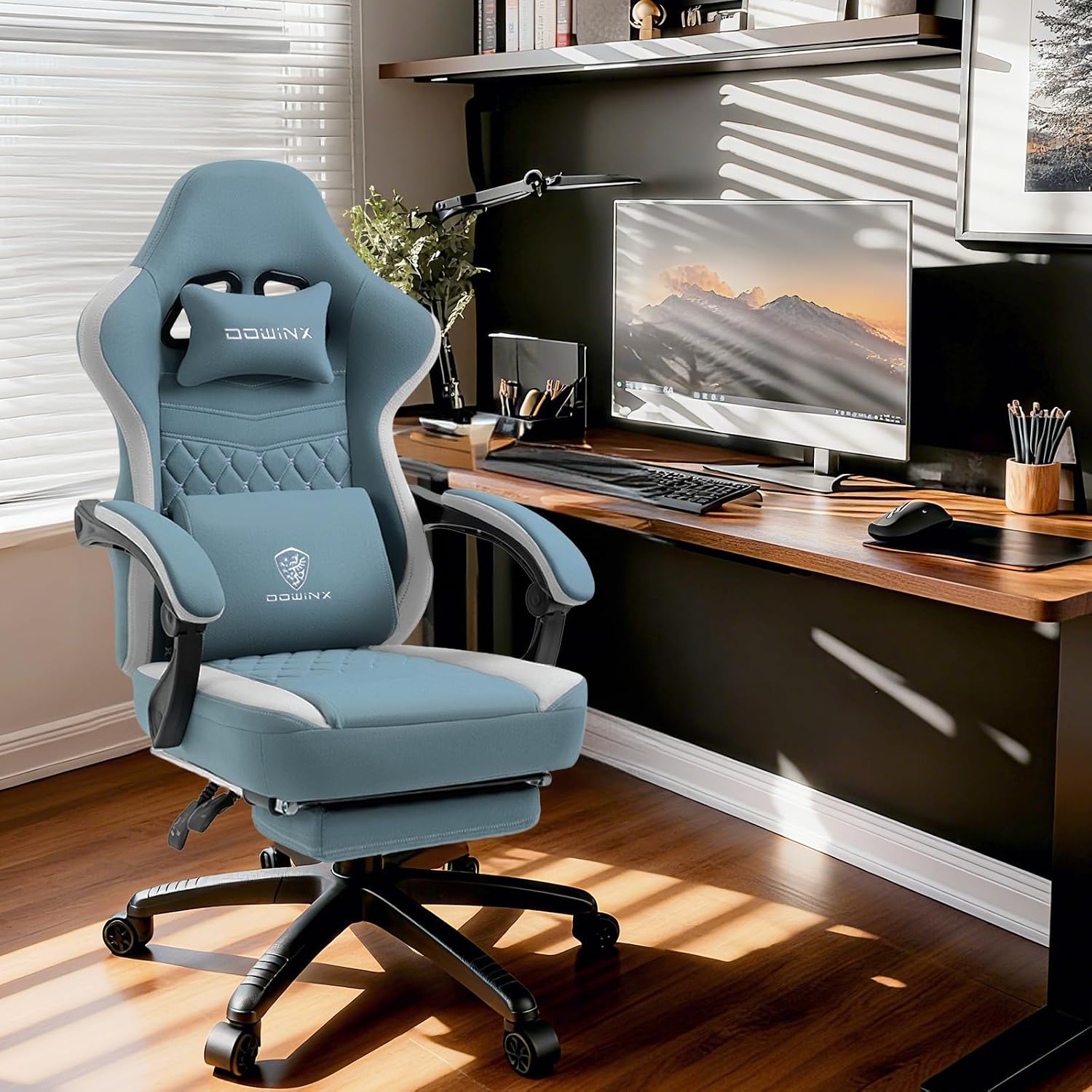 Dowinx Gaming Chair Breathable Fabric Game Chair with Gel Pad and Storage Bag, Comfortable Gamer Chair with Pocket Spring Cushion,Ergonomic Computer Chair with Footrest,Blue