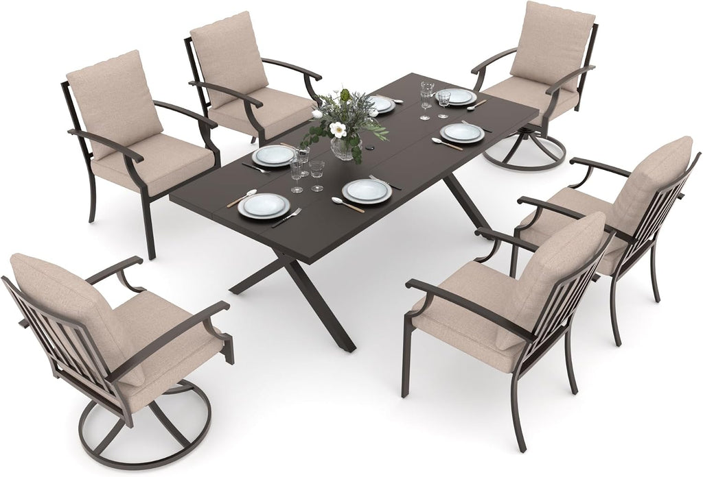 Gotland 7 Piece Outdoor Dining Set, Metal Outdoor Table and Swivel Chairs with X-Shaped Legs 1.5' Umbrella Hole, Patio Furniture Set with Waterproof Cushions, Patio Dining Sets for Backyard Deck Khaki