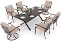 Gotland 7 Piece Outdoor Dining Set, Metal Outdoor Table and Swivel Chairs with X-Shaped Legs 1.5' Umbrella Hole, Patio Furniture Set with Waterproof Cushions, Patio Dining Sets for Backyard Deck Khaki