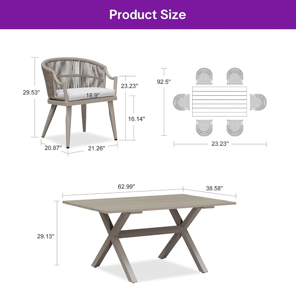 PURPLE LEAF 7 Pieces Outdoor Dining Set All Weather Wicker Patio Dining Set with Rectangular Aluminum Table and Modern Armrest Dining Chairs for Garden Deck Backyard Kitchen, Champagne