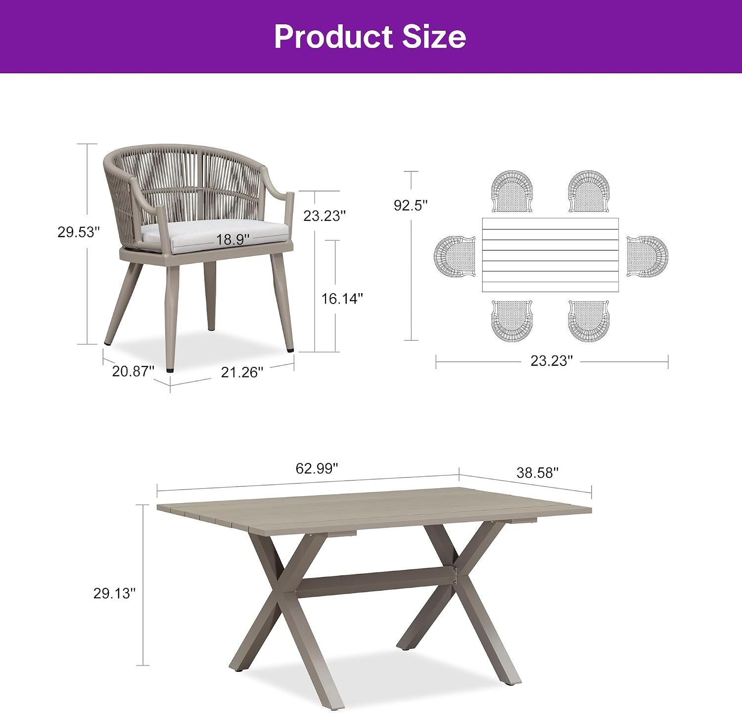PURPLE LEAF 7 Pieces Outdoor Dining Set All Weather Wicker Patio Dining Set with Rectangular Aluminum Table and Modern Armrest Dining Chairs for Garden Deck Backyard Kitchen, Champagne
