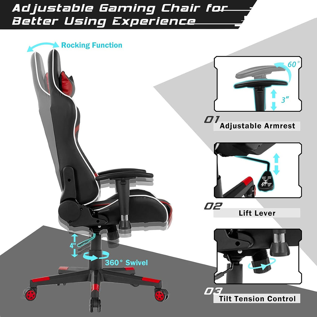 GYMAX Gaming Chair, Massage Gaming Chairs for Adults with Headrest, Lumbar Support & Armrest, Video Computer Reclining Gaming Chair, Office Desk Gamer Task Chair (Red)