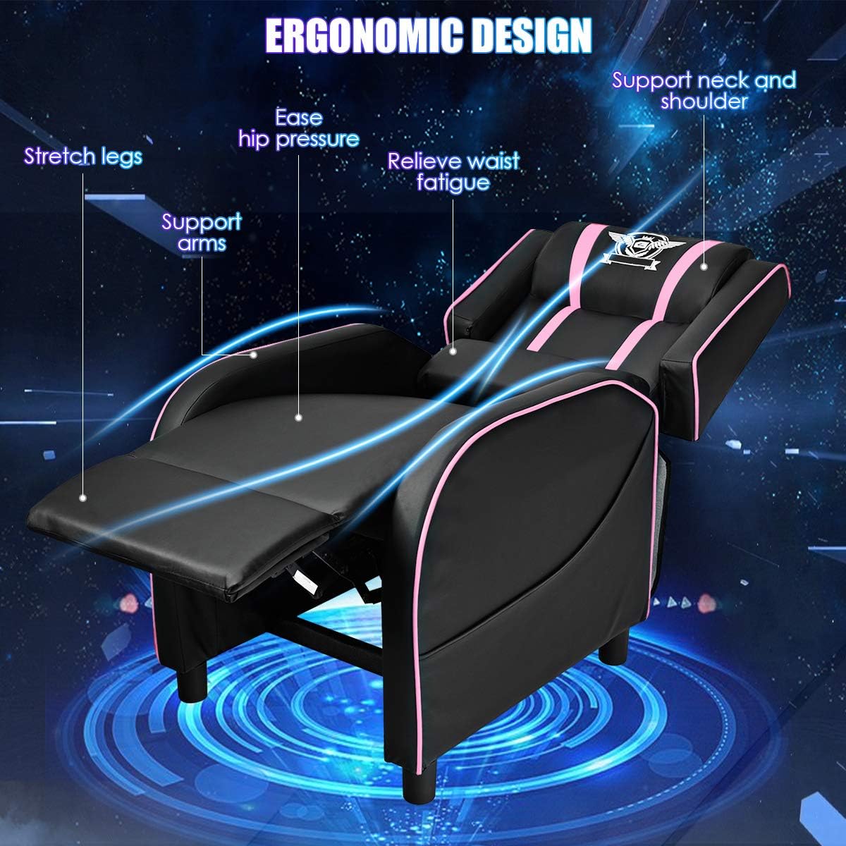 Giantex Gaming Recliner Chair, Adjustable Massage Gaming Chairs for Adults, Ergonomic Comfortable Lounge Leather Sofa w/Footrest, Remote Control & Side Pocket, Racing Style Single Sofa Recliners, Pink