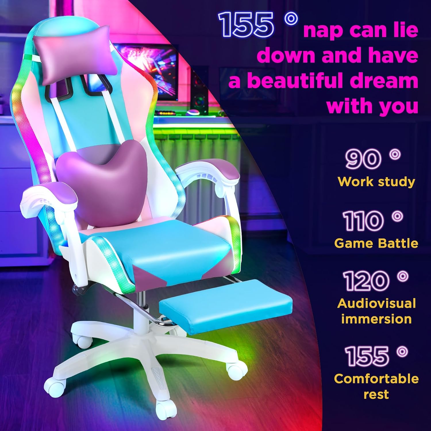 Gaming Chair, Bluetooth Gaming Chair with LED Lights and Footrest, Height Adjustable Computer Chair Lumbar Support for Adults (Purple, Without Speakers)