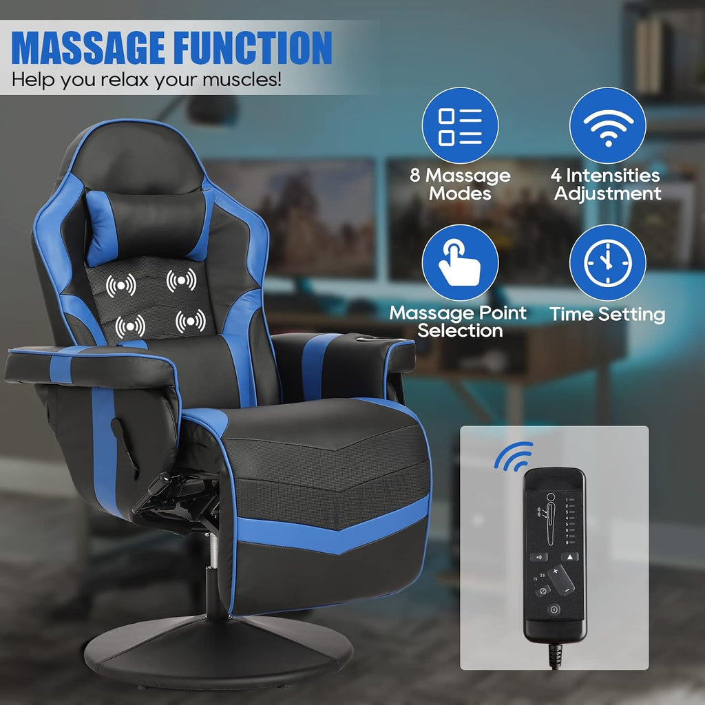 Gaming Chair, Reclining Gaming Chair with Footrest, PU Leather Game Chair Recliner with Massage, Swivel Recliner Gaming Chairs for Adults with Cup Holder, Lumbar Support, Side Pouch (Blue)