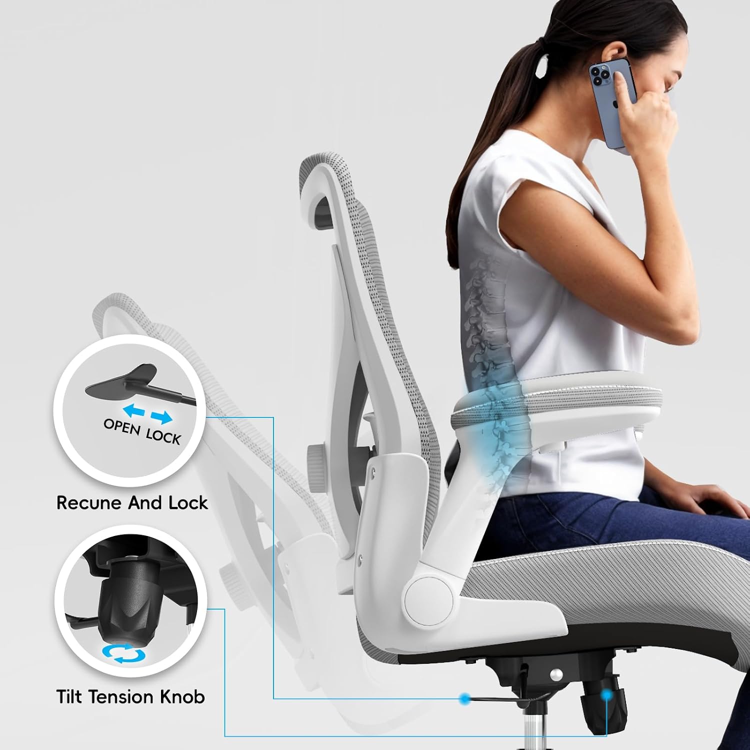 Ergalithic Office Home Ergonomic Desk Chair-Computer X-Shaped Chair Mesh PU Leather with Adjustable Lumbar Support-Executive Chair High Back Flip-Up Arms for Long Hours (White-Grey-No Headrest)