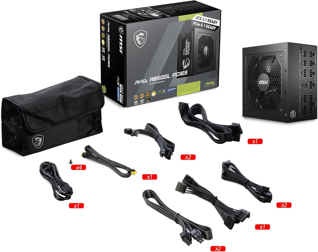 MSI MAG A850GL PCIE5, Fully Modular Compact Gaming 850W Power Supply, 80+ Gold, ATX 3.1 & PCIe 5.1 Ready, Native Dual-Color 12V-2x6 Cable, 10 Year Warranty