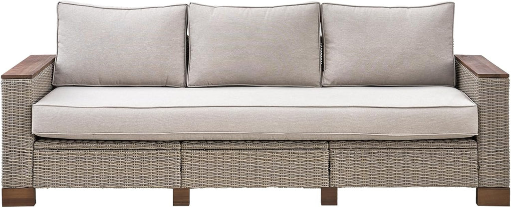 PaPaJet Outdoor Patio Sofa, 3 Seat Wicker Couch with Solid Armrests & Legs, 4.7' Thickened Removable Cushions, UV-Resistant Modular Sofa for Porch, Backyard, Garden