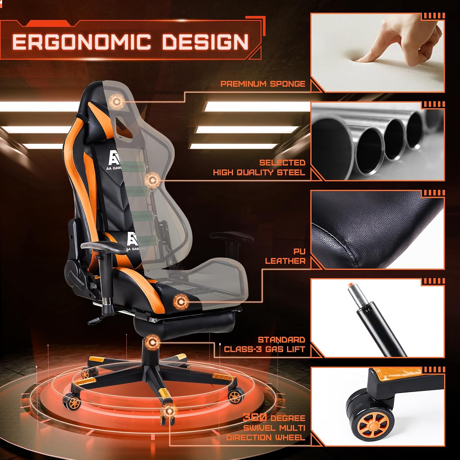 AA Products Gaming Chair High Back Ergonomic Computer Racing Chair Adjustable Office Chair with Footrest, Lumbar Support Swivel Chair - Orange