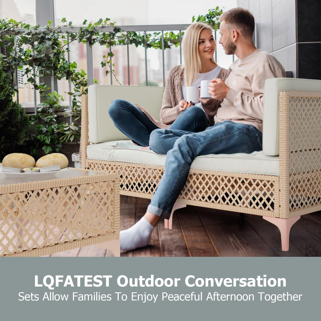 3 Piece Patio Furniture Set, Wicker Outdoor Sectional Couch Set, Bohemia Porch Furniture 2 Seater with Lumbar Pillows, Outdoor Sofa with Large Coffee Glass Table for Patio, Balcony