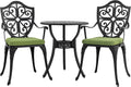 NUU GARDEN 3 Piece Outdoor Bistro Set, Outdoor Cast Aluminum Patio Bistro Table and Chairs Set of 2 with Umbrella Hole and Green Cushions for Backyard, Balcony, Porch, Black