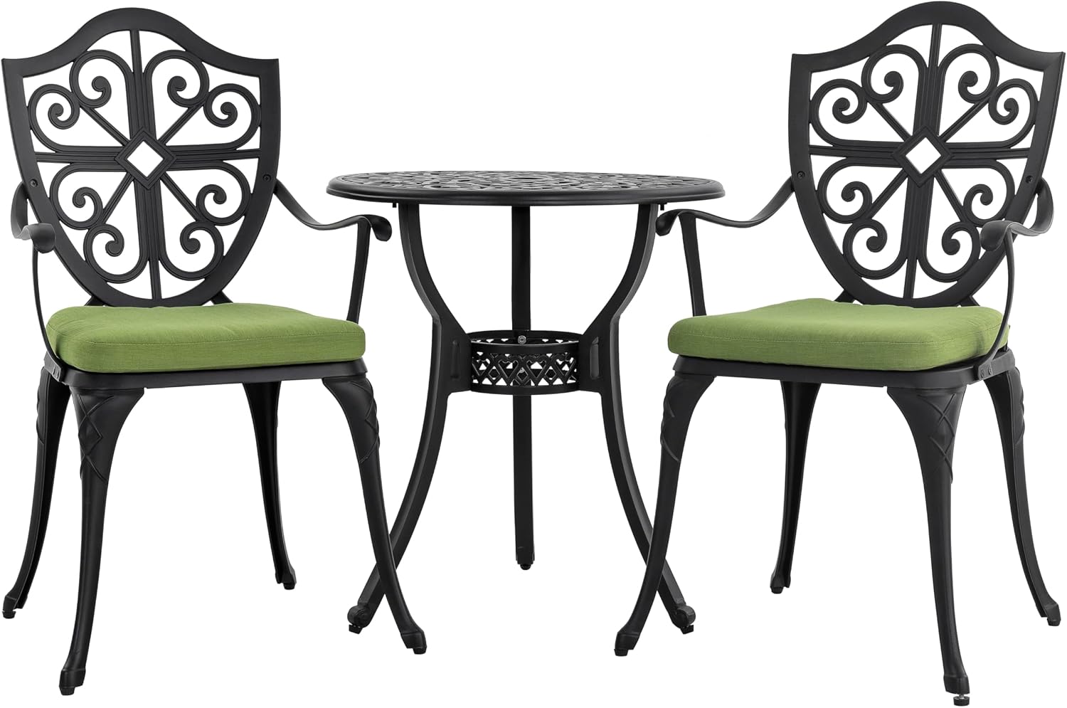 NUU GARDEN 3 Piece Outdoor Bistro Set, Outdoor Cast Aluminum Patio Bistro Table and Chairs Set of 2 with Umbrella Hole and Green Cushions for Backyard, Balcony, Porch, Black