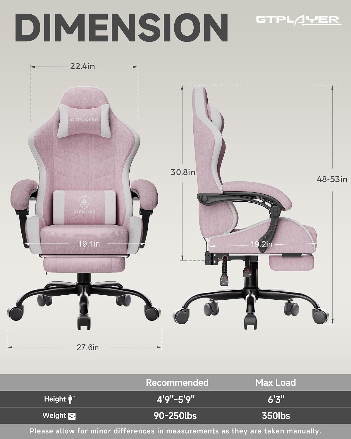GTPLAYER Gaming Chair with Footrest, Computer Gaming Chair for Adults and Kids, Height Adjustable Gamer Chair with 90-155° Recline & Removable Headrest Lumbar Support,Linen Fabric Pink