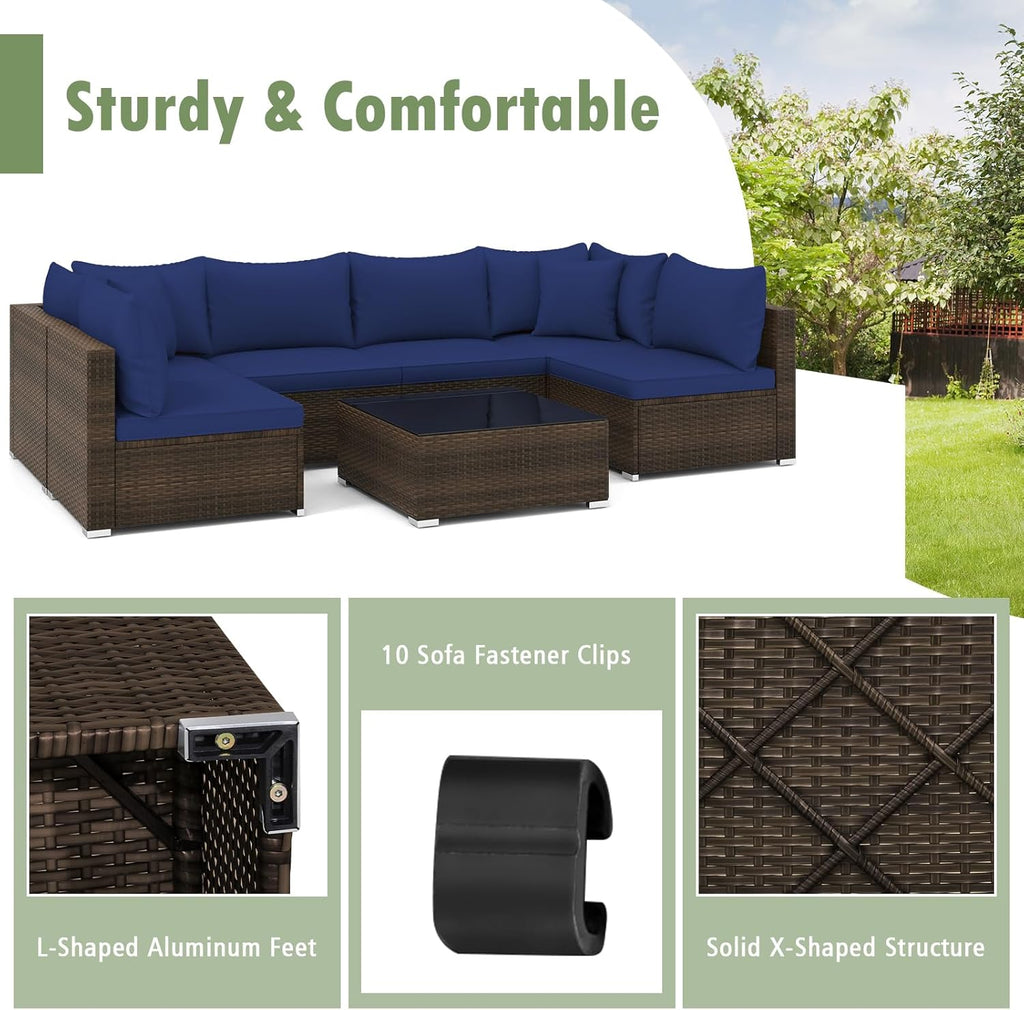 Tangkula 7 Piece Patio Wicker Furniture Set, Outdoor Rattan Sectional Sofa Set for 6 with Seat & Back Cushions, 2 Throw Pillows, Sofa Fastener Clips, for Backyard, Poolside, Deck (Mix Brown+Navy)