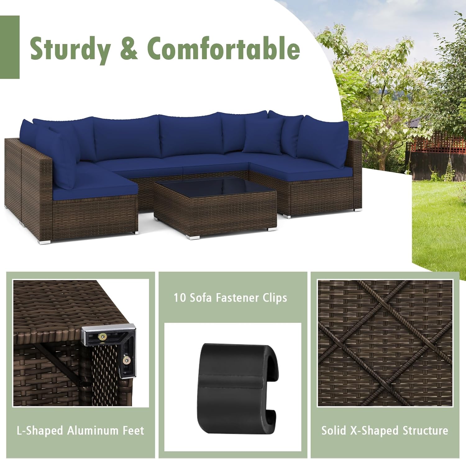 Tangkula 7 Piece Patio Wicker Furniture Set, Outdoor Rattan Sectional Sofa Set for 6 with Seat & Back Cushions, 2 Throw Pillows, Sofa Fastener Clips, for Backyard, Poolside, Deck (Mix Brown+Navy)