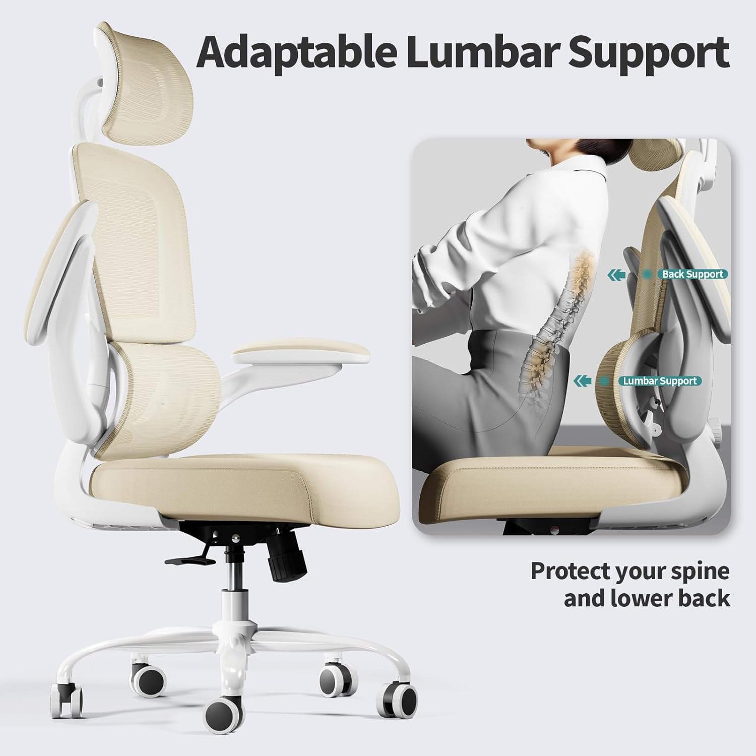 TRALT Office Chair Ergonomic Desk Chair, 330 LBS Home Mesh Office Desk Chairs with Wheels, Comfortable Gaming Chairs (Beige)