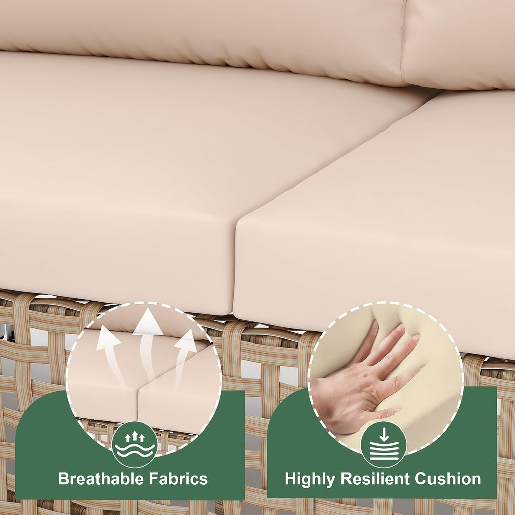 Patio Furniture Set, Small Outdoor Couch with Glass Coffee Table&Thick Cushion, Wicker L-Shaped Patio Couch, All-Weather PE Rattan Conversation Set for Garden, Poolside(3pcs Yellow&Beige)