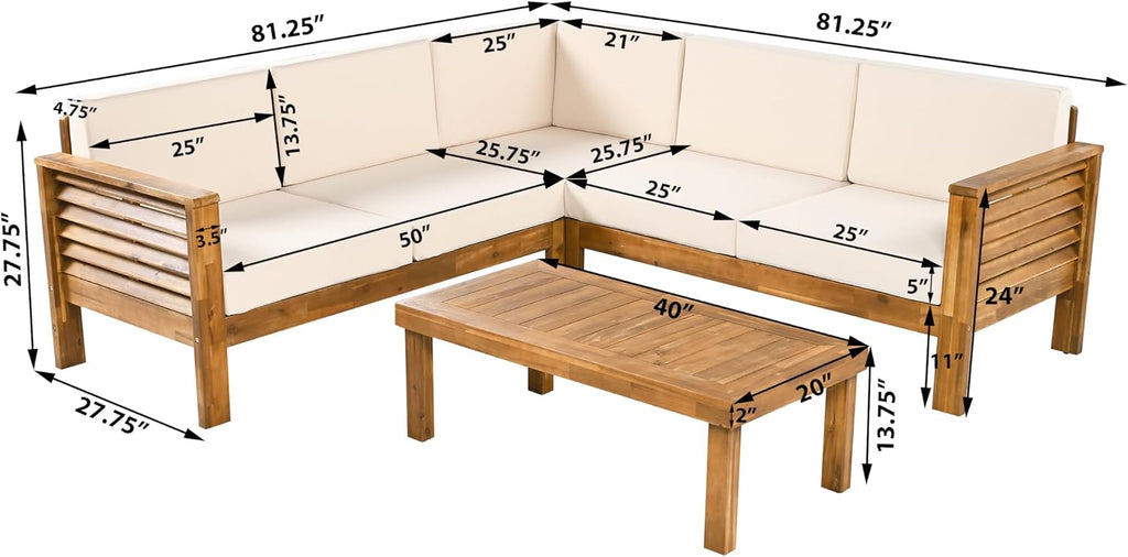 Christopher Knight Home Havets 81.25' Sectional L Shaped Sofa, 4 Pieces Acacia Wood Patio Furniture Set, Slat Coffee Table, Spacious Seat and Table Set for Backyard Garden Balcony, Teak+Beige