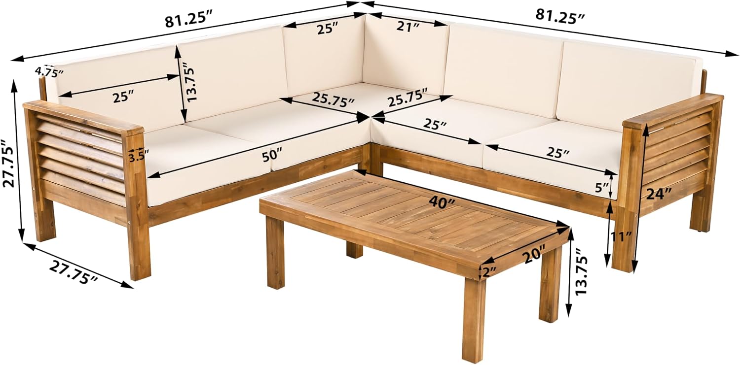 Christopher Knight Home Havets 81.25' Sectional L Shaped Sofa, 4 Pieces Acacia Wood Patio Furniture Set, Slat Coffee Table, Spacious Seat and Table Set for Backyard Garden Balcony, Teak+Beige