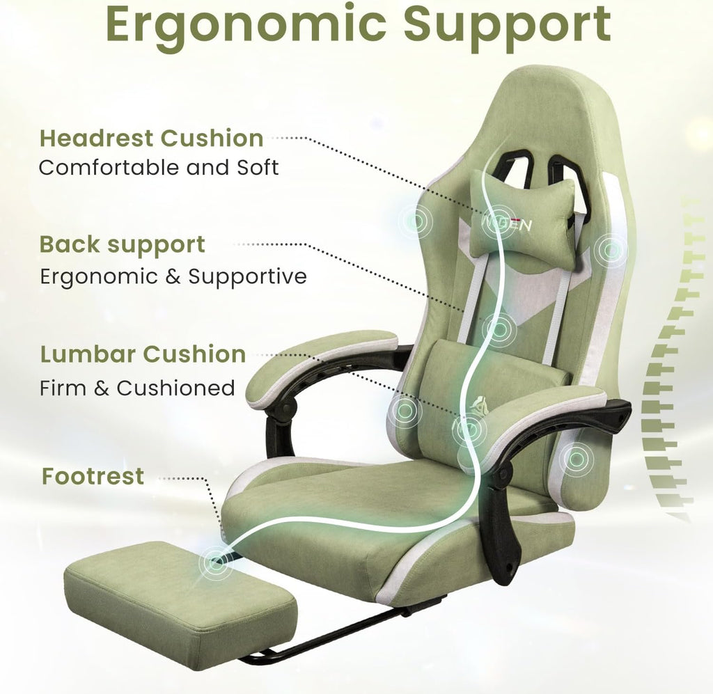 N-GEN GAMING Video Gaming Chair Office Computer Desk Use Ergonomic Reclining Backrest Adjustable Armrests Lumbar Support Footrest High Density Foam Breathable Fabric Heavy Duty Base (Green)