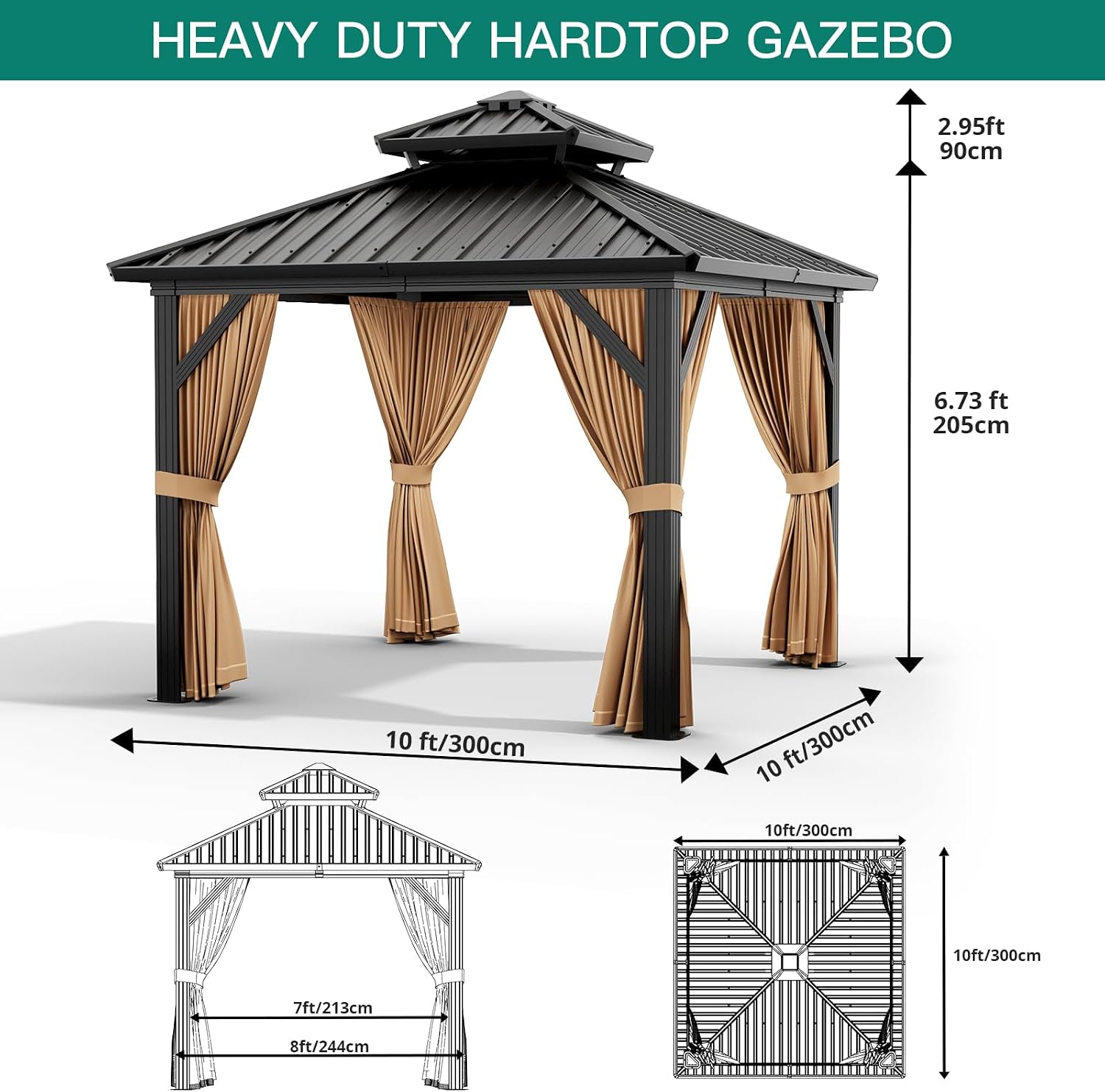10'x10' Hardtop Gazebo, Heavy Duty Aluminum Permanent Hardtop Gazebo Outdoor Pavilion with Curtains and Netting for Garden