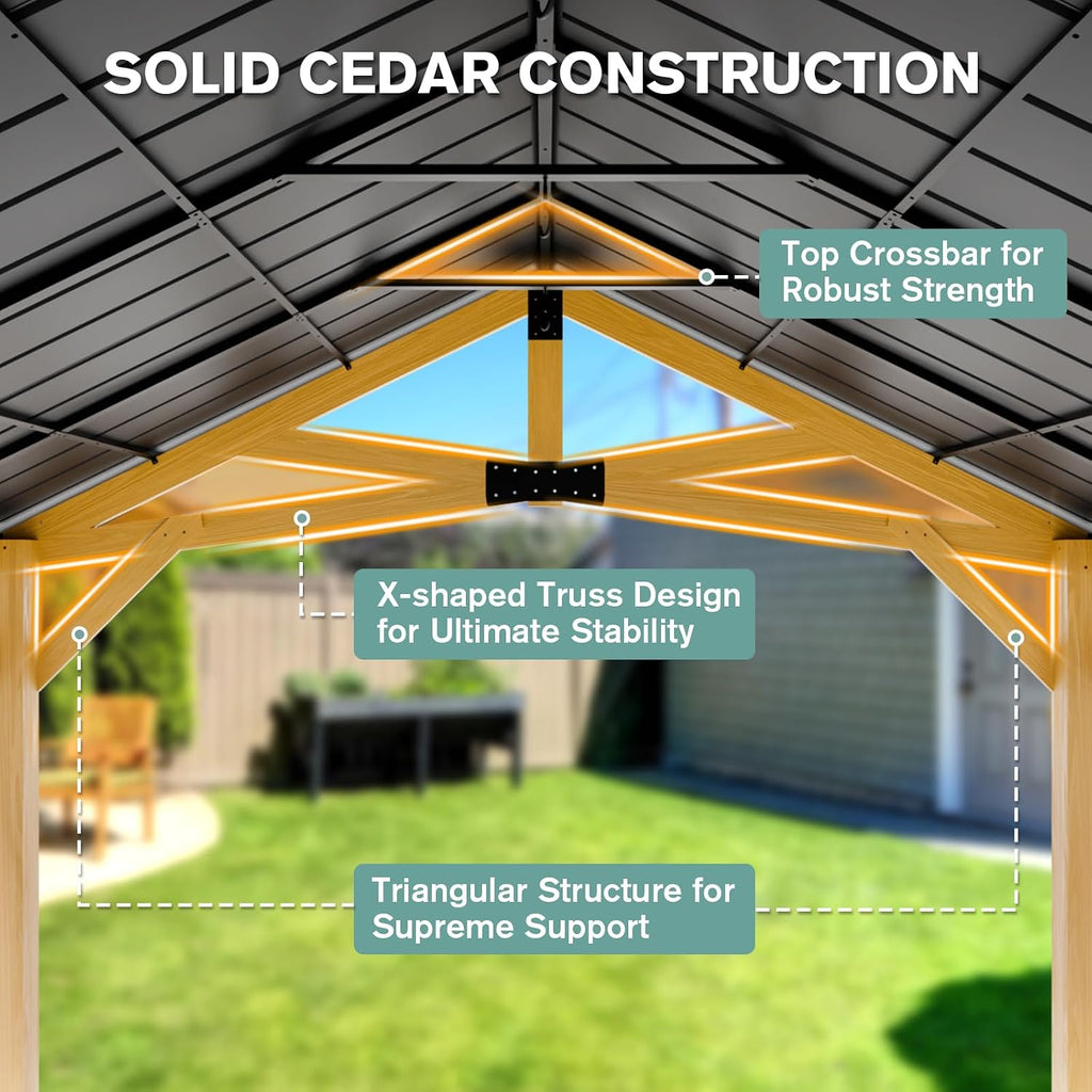 COOS BAY 11x13 Hardtop Gazebo with Cedar Wood Frame, Post-and-Beam Gazebo Shelter, Galvanized Steel Gable Roof with UV Protection for Garden, Patio, Poolside, Backyard, Natural Wood/Black
