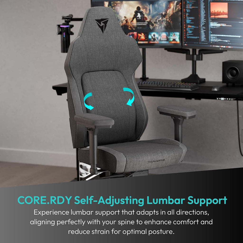 ThunderX3 CORE Smart LOFT Gaming Chair Dark Grey – Ergonomic Office Chair, Automatic Lumbar Support, Synchronised Mechanism, 3D Armrests, Fabric Cover, for Users up to 125kg, 155-190cm