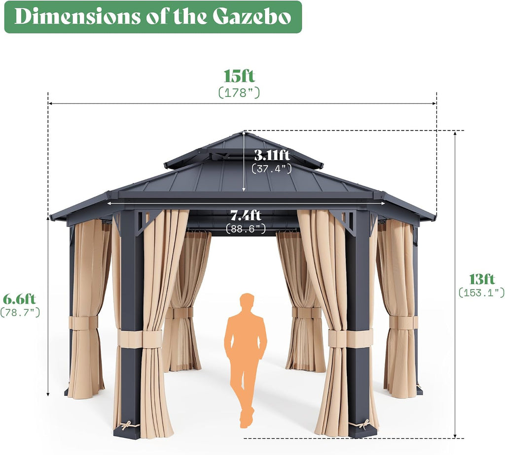 AMERLIFE 13X15FT Hardtop Gazebo, Hexagon Metal Patio Gazebo, Double Tiered Patio Pavilion with Aluminum Foot, Ceiling Hook, for Patio Lawn Garden, Backyard Shade, Netting and Curtains Included