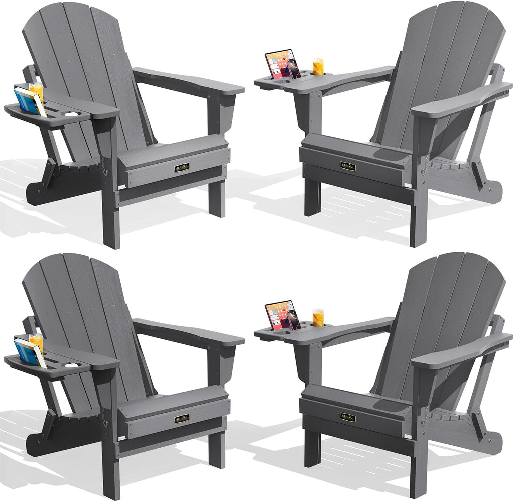 SERWALL Folding Adirondack Chair Set of 4, Outdoor Adirondack Chairs with 4 in 1 Cup Holder, Wood Texture Patio Chairs, Weather Resistant Fire Pit Chairs for Patio Deck Garden, Backyard Deck - Gray