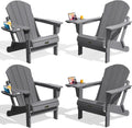 SERWALL Folding Adirondack Chair Set of 4, Outdoor Adirondack Chairs with 4 in 1 Cup Holder, Wood Texture Patio Chairs, Weather Resistant Fire Pit Chairs for Patio Deck Garden, Backyard Deck - Gray