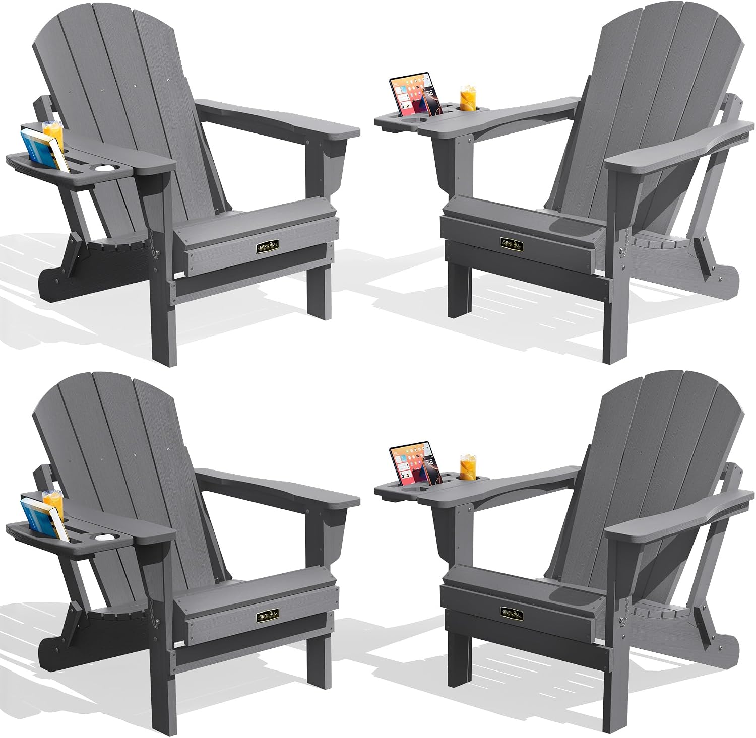 SERWALL Folding Adirondack Chair Set of 4, Outdoor Adirondack Chairs with 4 in 1 Cup Holder, Wood Texture Patio Chairs, Weather Resistant Fire Pit Chairs for Patio Deck Garden, Backyard Deck - Gray