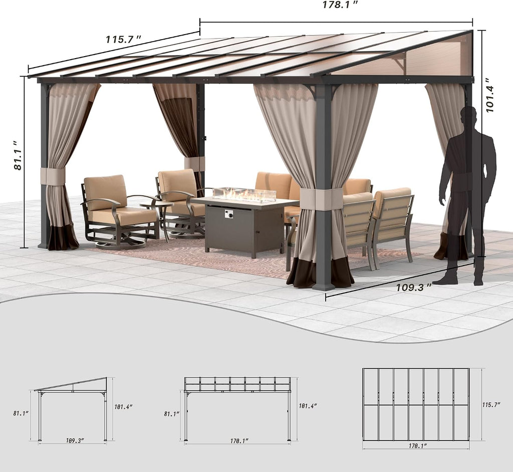 Gotland 10 FT x 14 FT Lean to Gazebo, 3 in 1 Outdoor Gazebo with Sloped Roof, Wall Mounted Gazebo with Ground Anchor Sturdy Structure, Galvanized Steel Metal Pergola for Backyard Deck Khaki