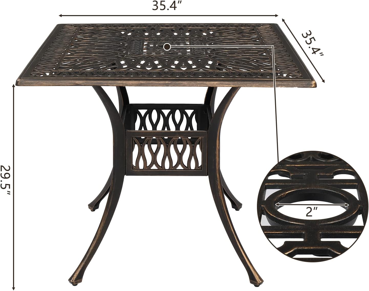 VINGLI 5 Pieces Outdoor Patio Dining Set, Cast Aluminium Patio Furniture Set with 4 Chairs and 1 Umbrella Table for Yard, Garden, Porch and Poolside, Bronze (Square Table)