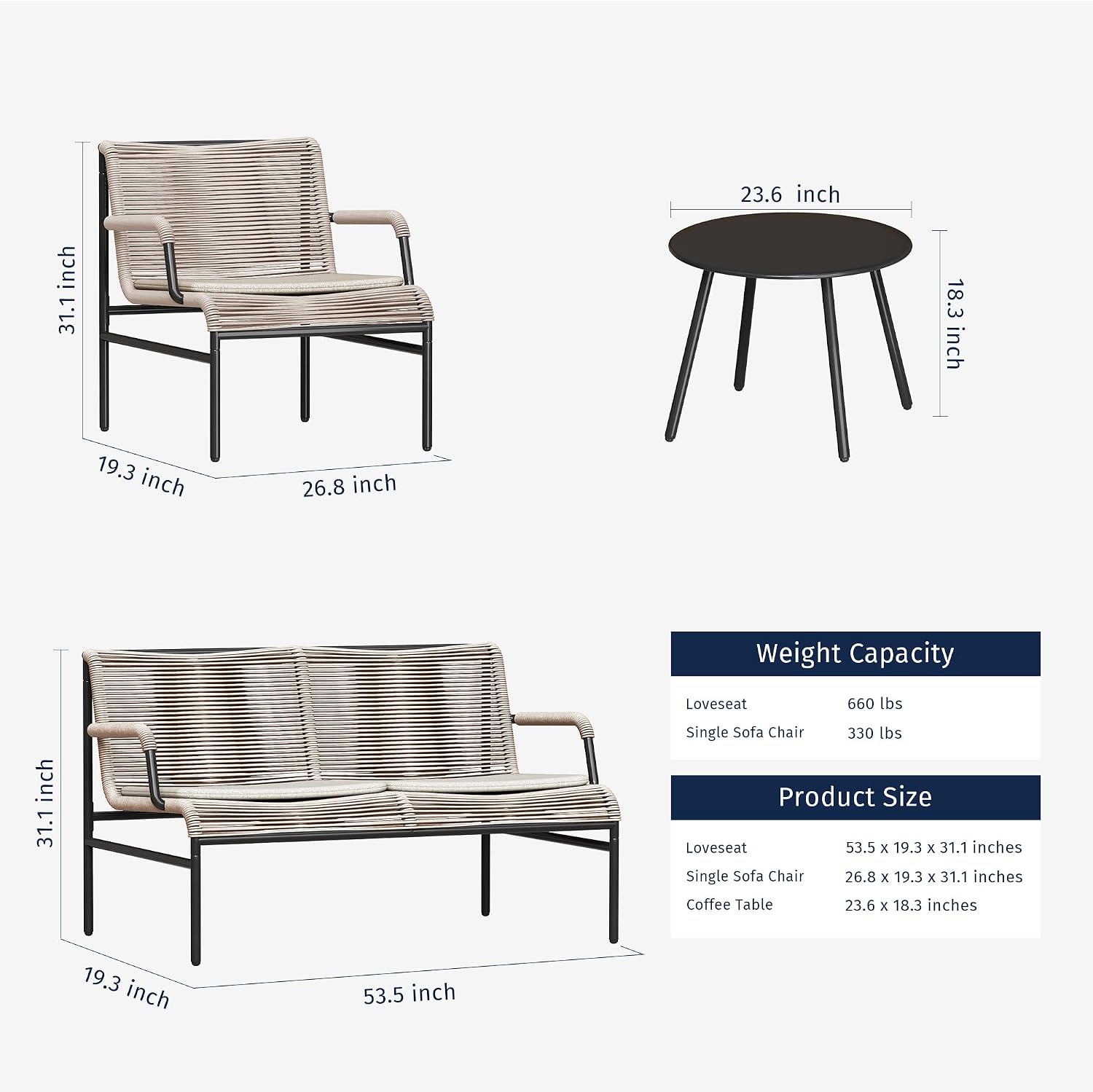 East Oak 4 Piece Patio Furniture Set, Outdoor Furniture with PE Wicker Rattan Chairs and Coffee Table, Modern Patio Conversation Set with Soft Pad for Garden, Backyard and Porch, Apricot