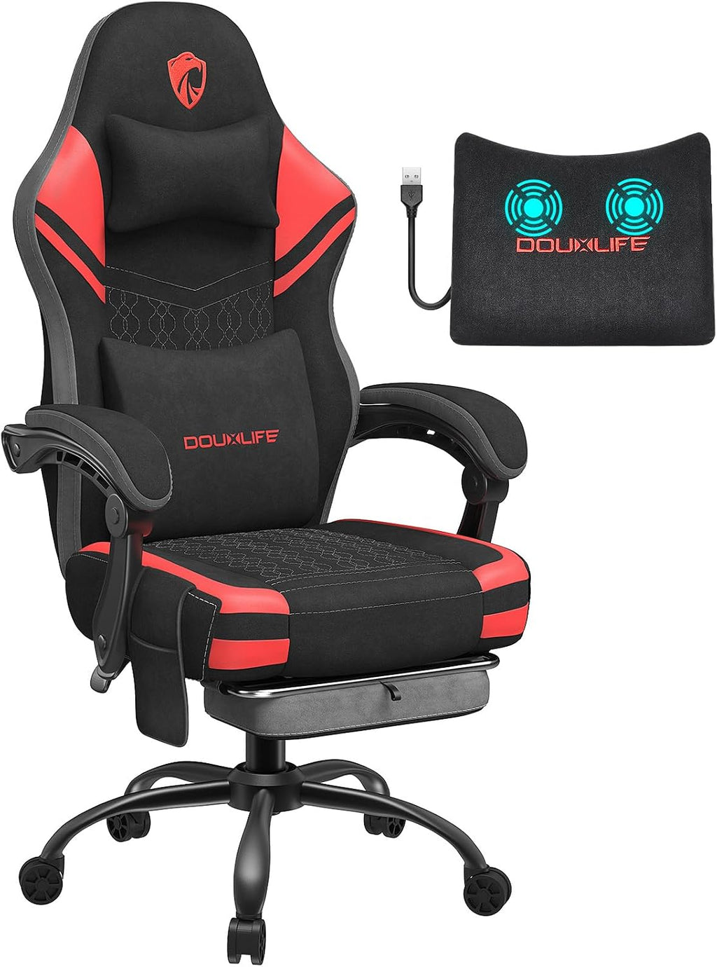 Gaming Chair, Tech Fabric Computer Chair with Massage, Office Chair with Pocket Spring Widened Cushion, High Back Ergonomic Chair with Footrest Lumbar Support Upgraded Metal Legs 350LBS (Red)