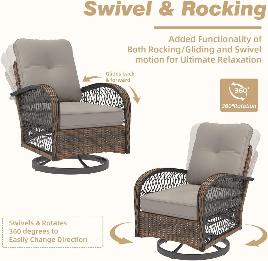 MELLCOM 3 Pieces Patio Furniture Set, Outdoor Swivel Rocker Patio Chairs, Wicker Patio Bistro Set with Rocking Chair, Thickened Cushions and Glass Coffee Table for Backyard, Garden, Grey