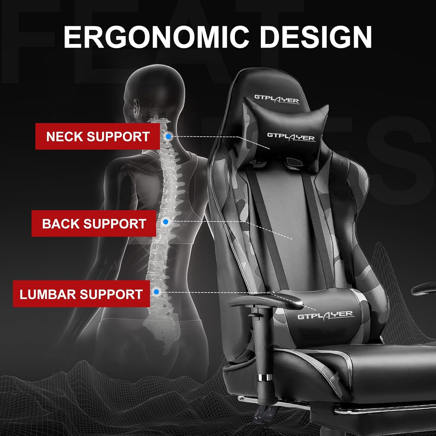 GTPLAYER Gaming Chair with Footrest, Ergonomic Computer Game Desk Chair, Recline Gaming Chair Seat Height Adjustment, Swivel Rocker with Headrest and Lumbar (Camouflage)