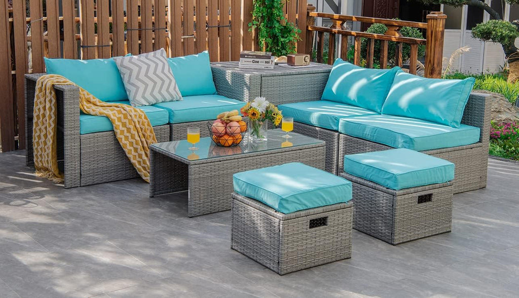 Tangkula 8 Piece Patio Wicker Furniture Set, Patiojoy Space Saving Outdoor PE Rattan Conversation Set with Storage Box & Waterproof Cover, Coffee Table, 2 Ottomans, 2 Armless Sofas & 2 Corner Sofas