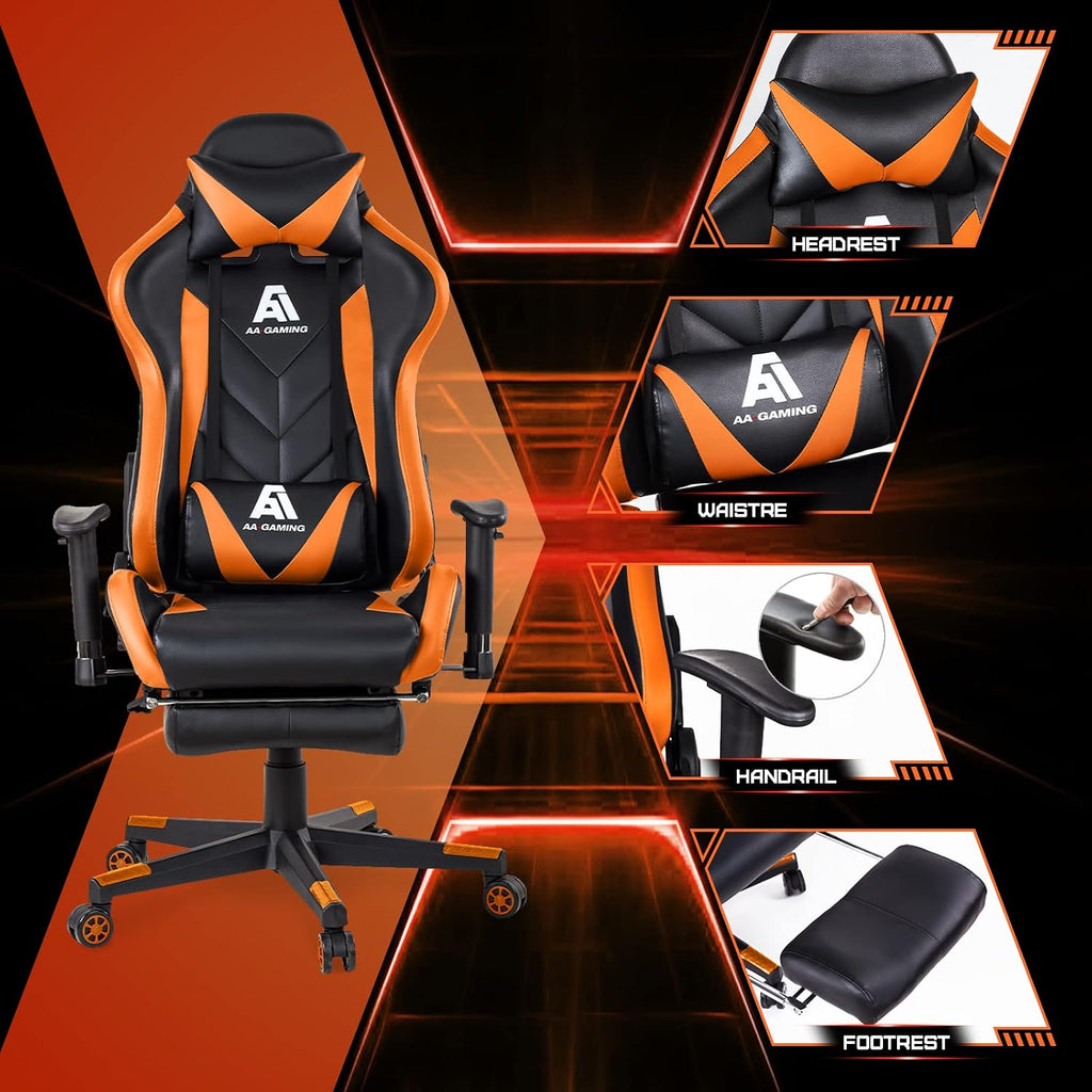 AA Products Gaming Chair High Back Ergonomic Computer Racing Chair Adjustable Office Chair with Footrest, Lumbar Support Swivel Chair - Orange