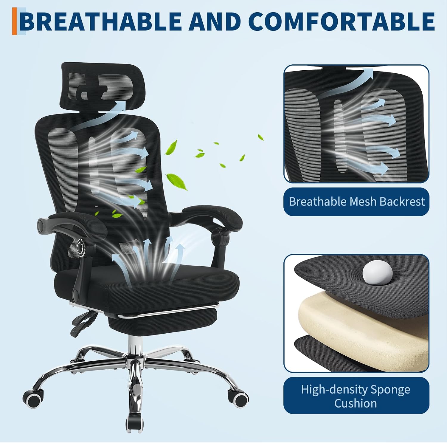 GarveeHome High Back Ergonomic Office Chair with Mesh Back, Retractable Footrest, Adjustable Headrest & Lumbar Support – Wide Computer Desk Chair with Wheels for Home Office or Bedroom, Black