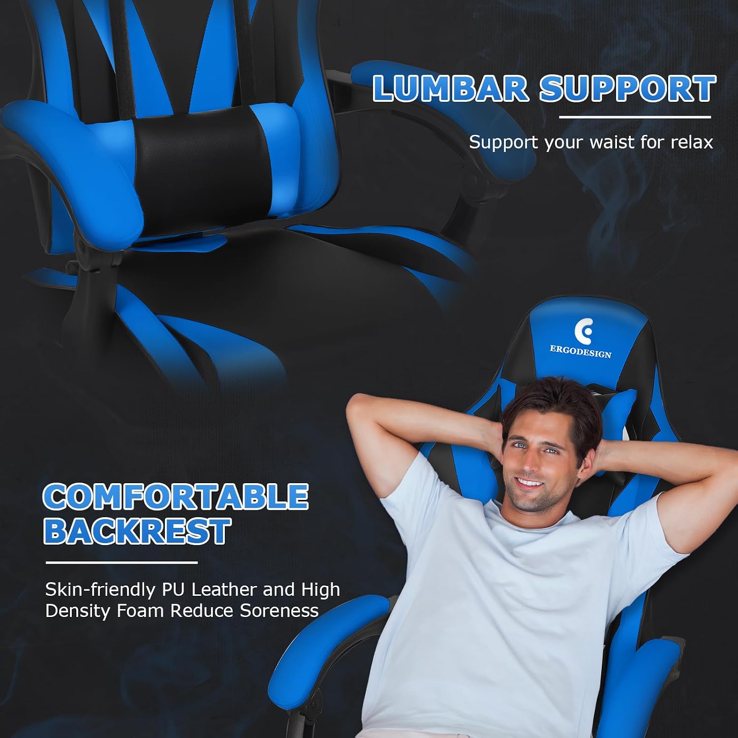 Gaming Chair with Linkage Armrest & Footrest, High Back Video Gaming Chair, Black/Blue